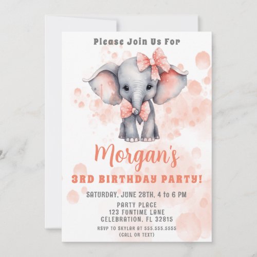 Cute Elephant Peach Birthday Party Invitation