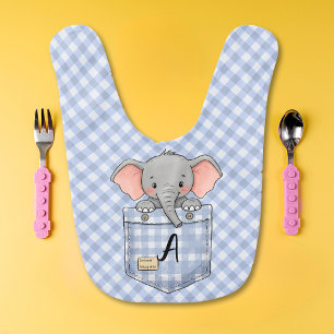 Cute Elephant Peeking from Pocket with initial Baby Bib