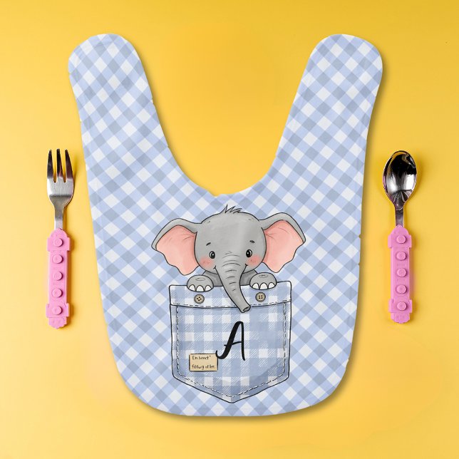 Cute Elephant Peeking from Pocket with initial Baby Bib (Creator Uploaded)