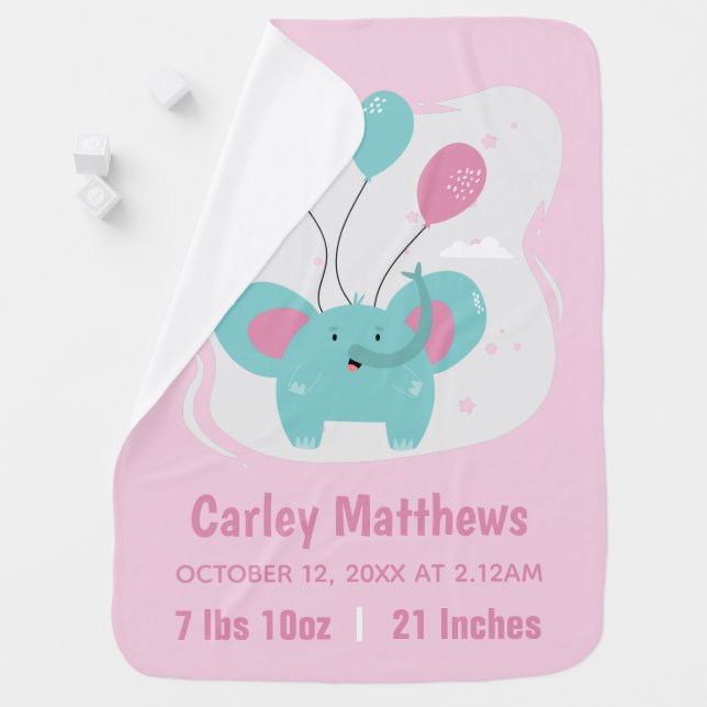 Cute Elephant Personalised Pink Birth Stats Baby Blanket (In Situ)