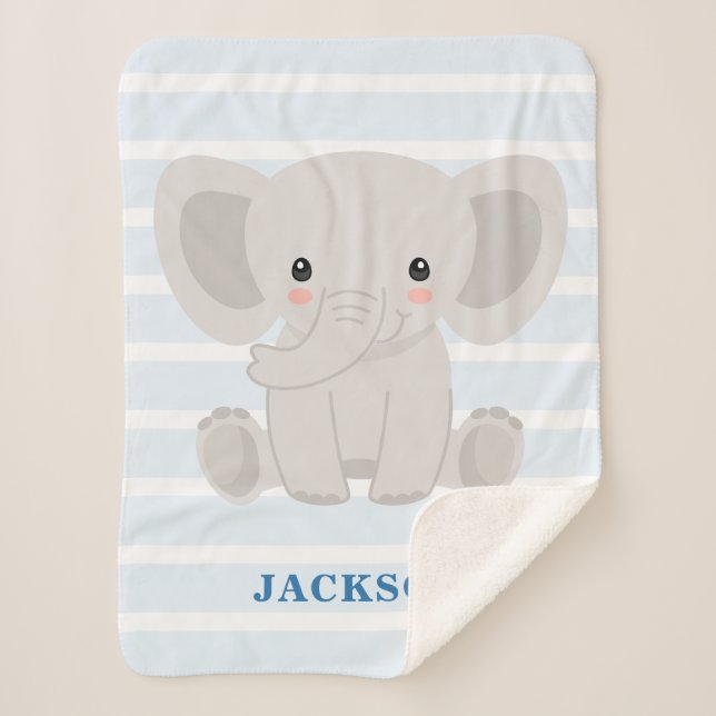 Cute Elephant Personalized Baby Boy Sherpa Blanket (Front)