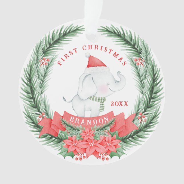 Cute Elephant | Personalized First Christmas  Ornament (Front)