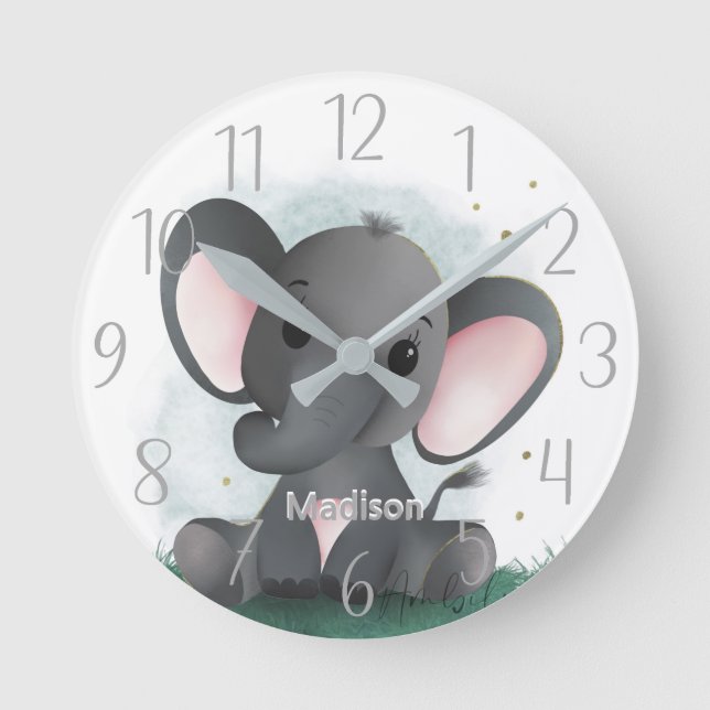 Cute Elephant Personalized Gender Neutral    Round Clock (Front)