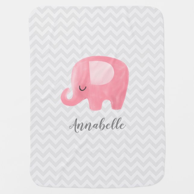 Cute Elephant Personalized Girl Baby Blanket (Front)