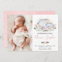 Cute Elephant Photo Birth Announcement Cards