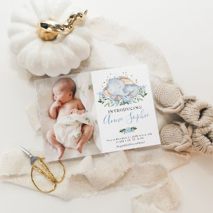 Cute Elephant Photo Birth Announcement Cards