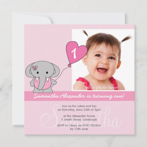 Cute Elephant Photo First 1st Birthday Party Custom Announcement