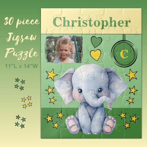 Cute elephant photo name green yellow kids jigsaw puzzle