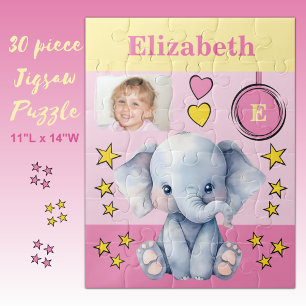 Cute elephant photo name pink yellow kids jigsaw puzzle