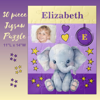 Cute Elephant Photo Name Purple Yellow Kids Jigsaw Puzzle by LynnroseDesigns at Zazzle