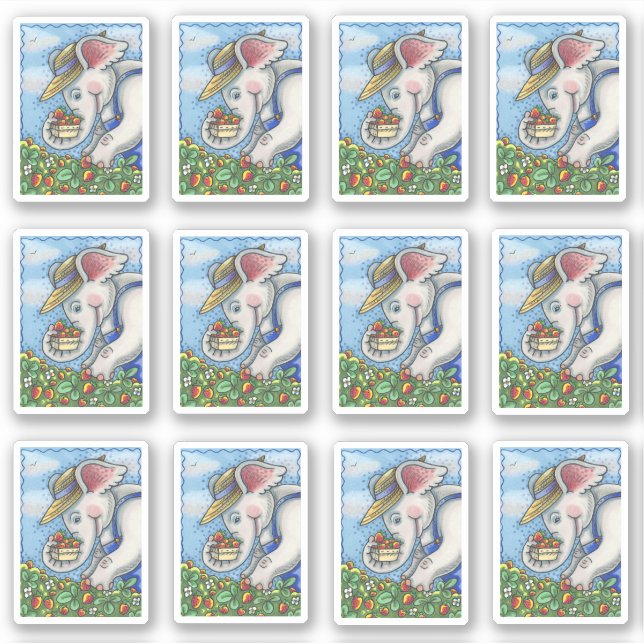 CUTE ELEPHANT PICKING STRAWBERRIES IN BIB OVERALLS STICKER (Front)