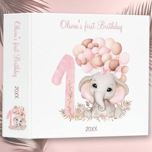 Cute Elephant Pink 1st Birthday Girl Photo Album 3 Ring Binder
