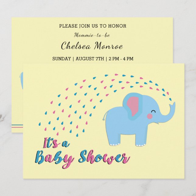 Cute Elephant Pink and Blue Baby Shower Invitation (Front/Back)