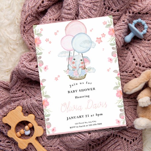 cute elephant pink and blue theme baby shower invitation