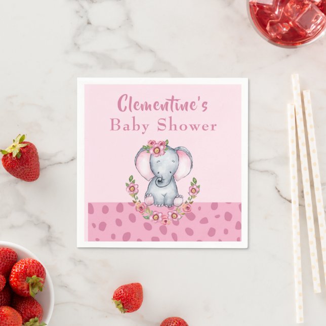 Cute Elephant Pink Animal Print Baby Shower Napkins (Insitu)