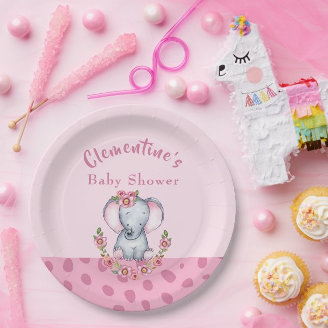 Cute Elephant Pink Animal Print Baby Shower Paper Plates (Party)