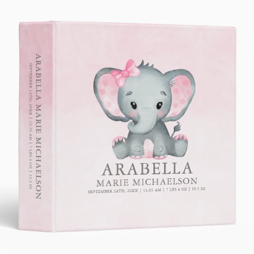 Cute Elephant Pink Baby Girl Photo Album 3 Ring Binder