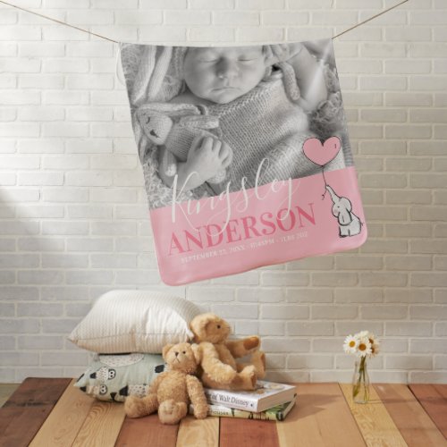 Cute Elephant Pink Baby Name Birth Stats  Photo Baby Blanket