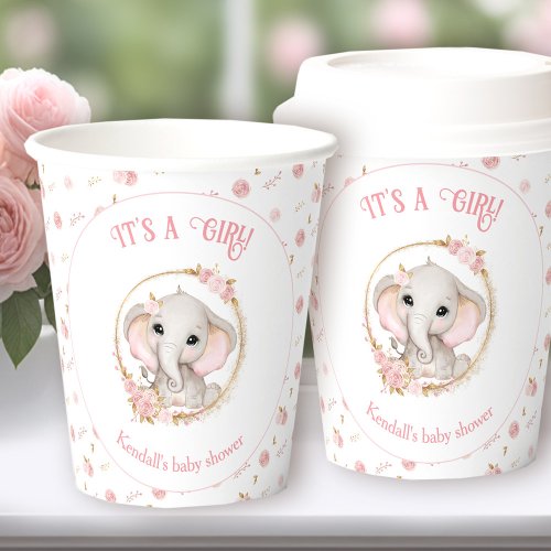 Cute Elephant Pink Baby Shower Paper Cups
