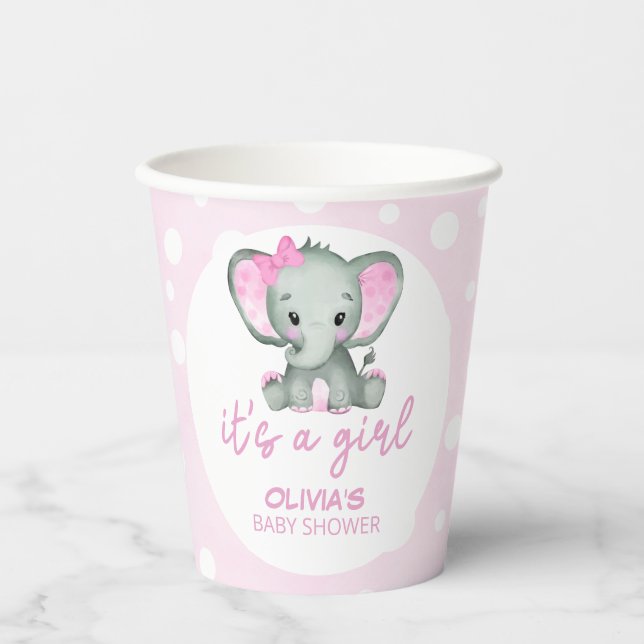 Cute Elephant pink Baby Shower  Paper Cups (Front)