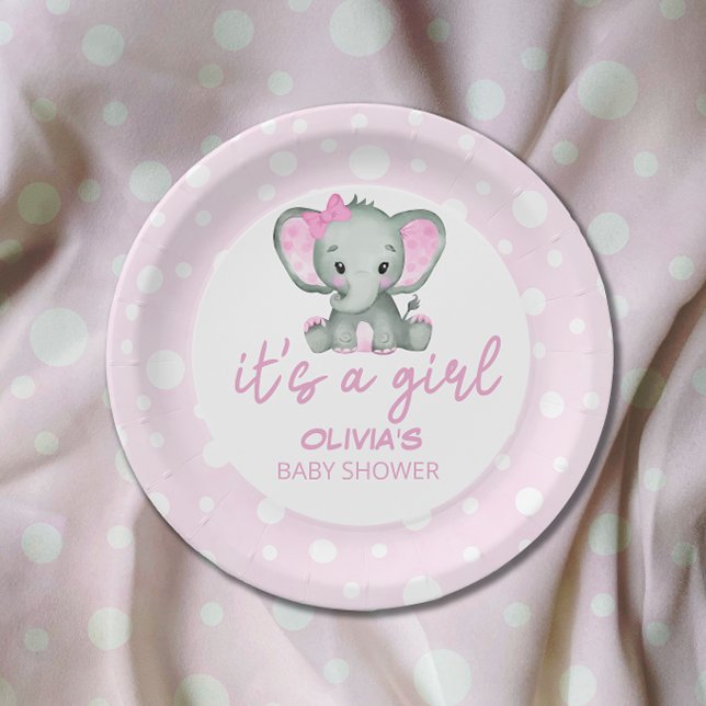 Cute Elephant pink Baby Shower  Paper Plates (Creator Uploaded)