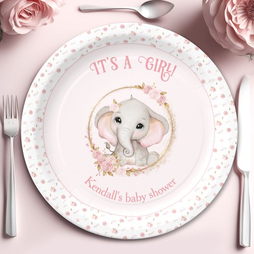 Cute Elephant Pink Baby Shower Paper Plates