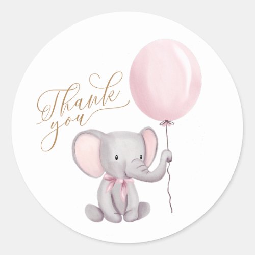 Cute Elephant Pink Balloon Baby Shower Thank You Classic Round Sticker