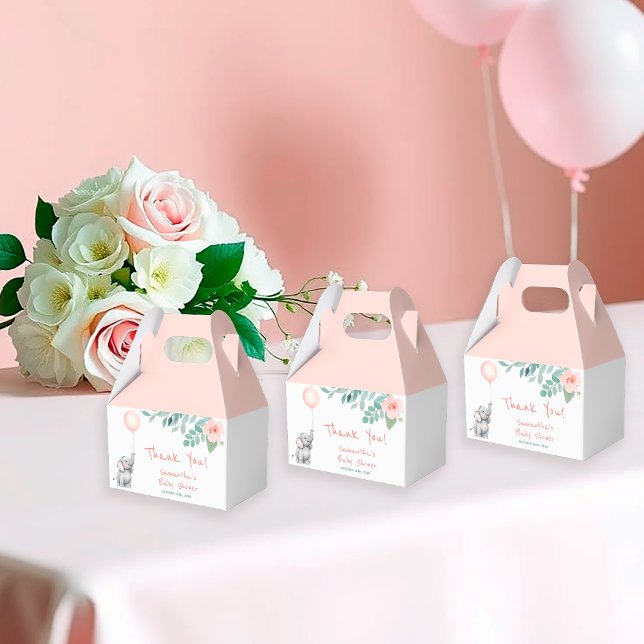 Cute Elephant Pink Balloon Girl Baby Shower Favor Boxes (Creator Uploaded)