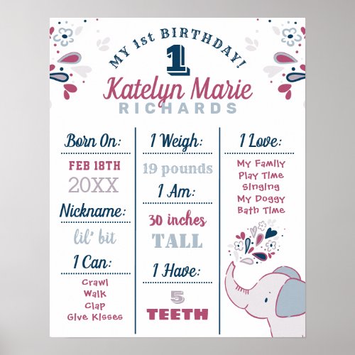 Cute Elephant Pink  Blue First Birthday Milestone Poster