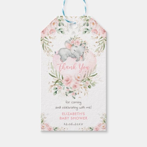 Cute Elephant Pink Blush Gold Floral Baby Shower Gift Tags