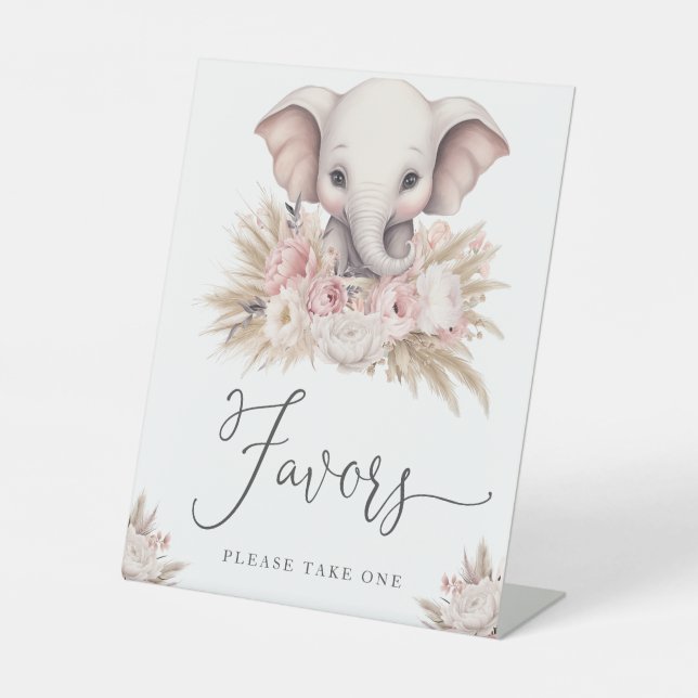 Cute Elephant Pink Boho Girl Baby Shower Favors Pedestal Sign (Front)