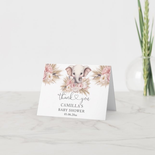 Cute Elephant Pink Boho Girl Baby Shower Thank You Card (Front)