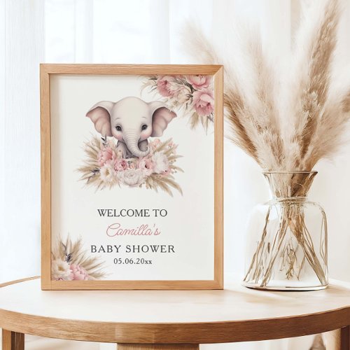 Cute Elephant Pink Boho Girl Baby Shower Welcome Poster