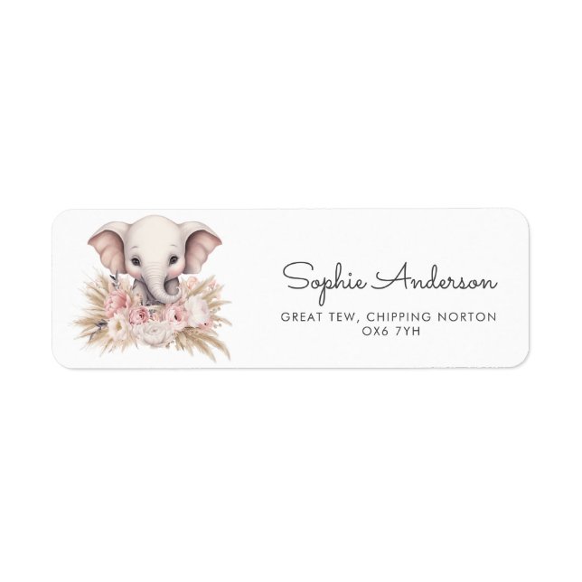 Cute Elephant Pink Boho Girl Return Address Label (Front)