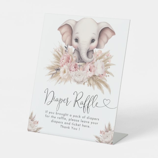 Cute Elephant Pink Boho Girl Shower Diaper Raffle Pedestal Sign (Front)