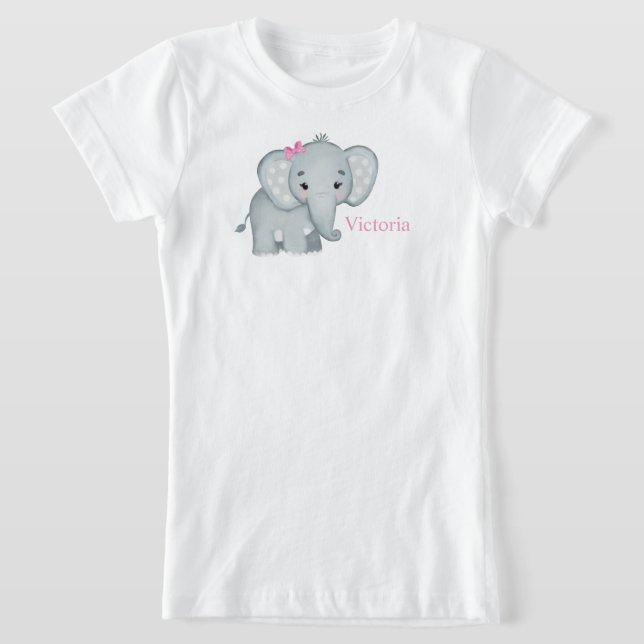 Cute Elephant Pink Bow Name Kids Girls T-Shirt (Laydown)