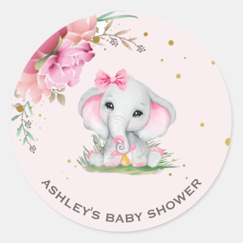 Cute Elephant Pink Floral Baby Shower Classic Round Sticker