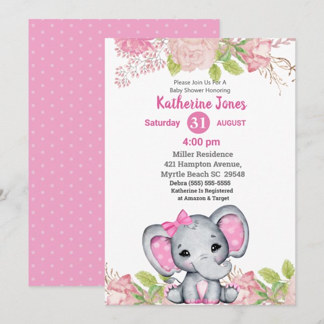 Cute Elephant Pink Floral Baby Shower Invitation (Front/Back)