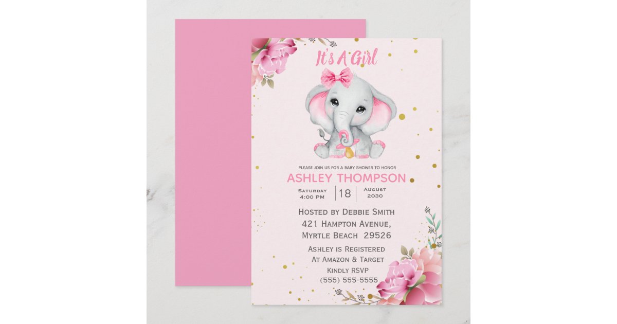 Cute Elephant Pink Floral Baby Shower Invitation | Zazzle
