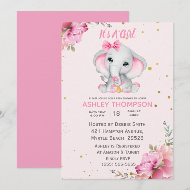 Cute Elephant Pink Floral Baby Shower Invitation (Front/Back)