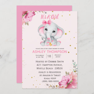 Cute Elephant Pink Floral Baby Shower Invitation