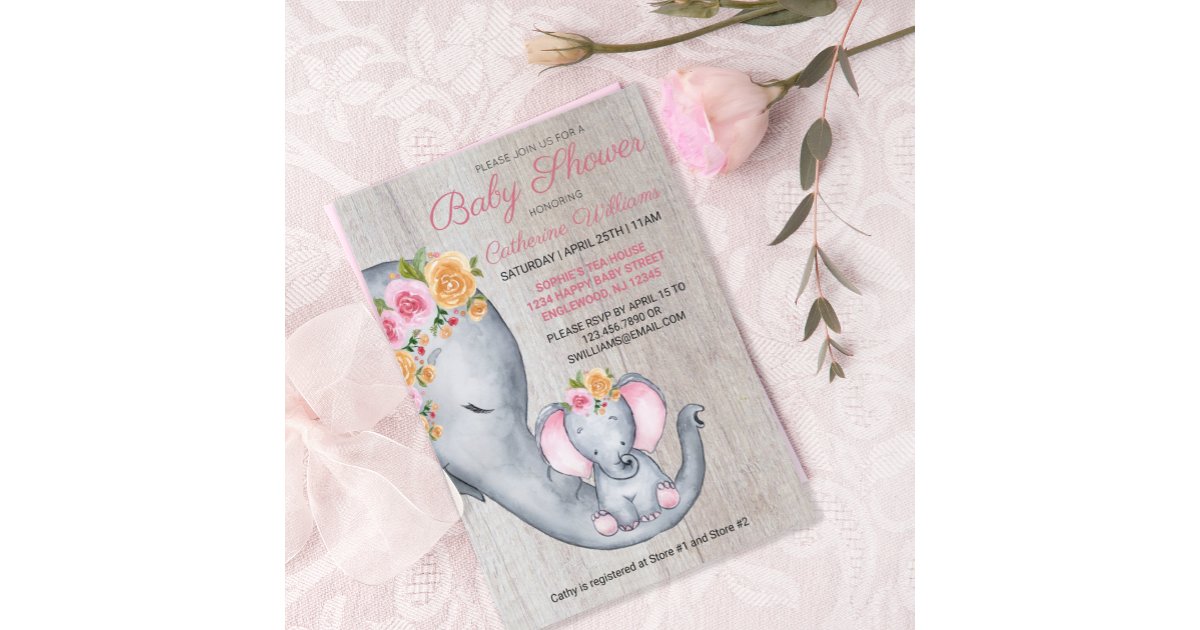 Cute Elephant Pink Floral Baby Shower Invitation | Zazzle