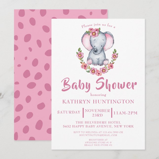 Cute Elephant Pink Floral Baby Shower Invitation (Front/Back)
