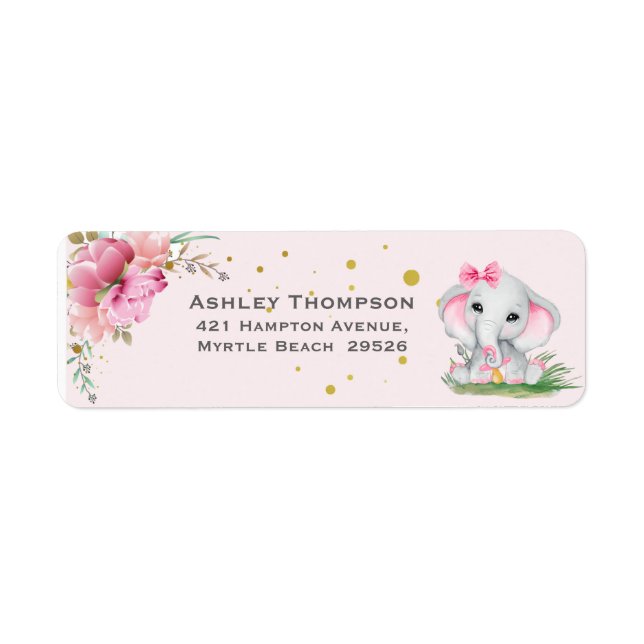 Cute Elephant Pink Floral Baby Shower Invitation Label (Front)