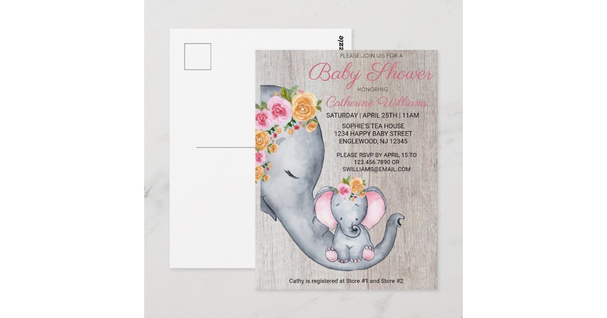 Cute Elephant Pink Floral Baby Shower Invitation Postcard | Zazzle