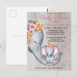 Cute Elephant Pink Floral Baby Shower Invitation Postcard