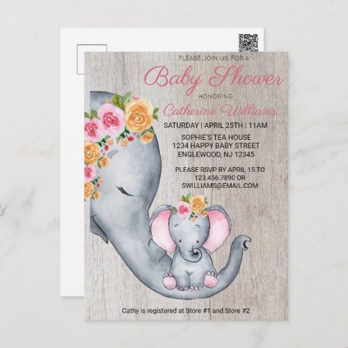Cute Elephant Pink Floral Baby Shower Invitation Postcard