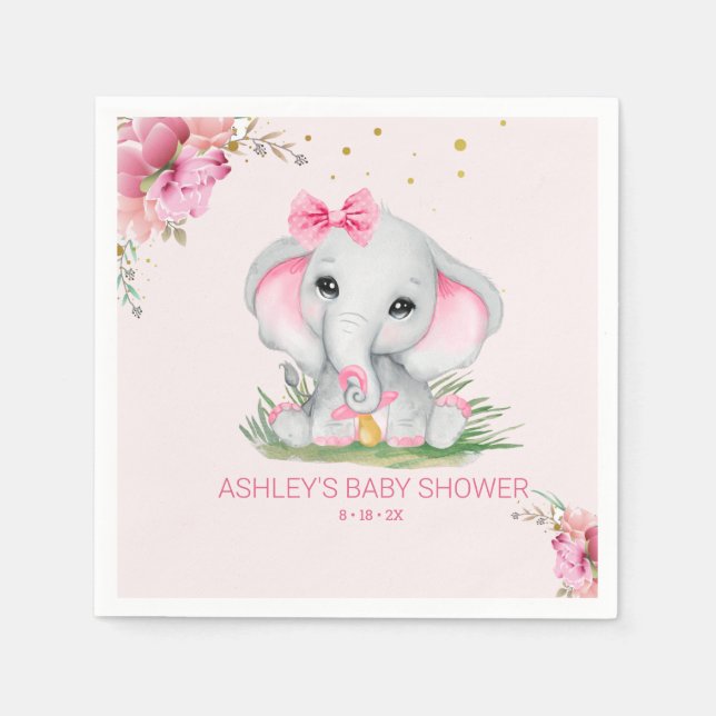 Cute Elephant Pink Floral Baby Shower  Napkins (Front)