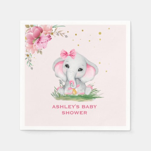 Cute Elephant Pink Floral Baby Shower  Napkins