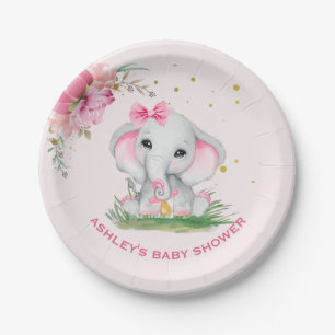 Cute Elephant Pink Floral Baby Shower Paper Plates
